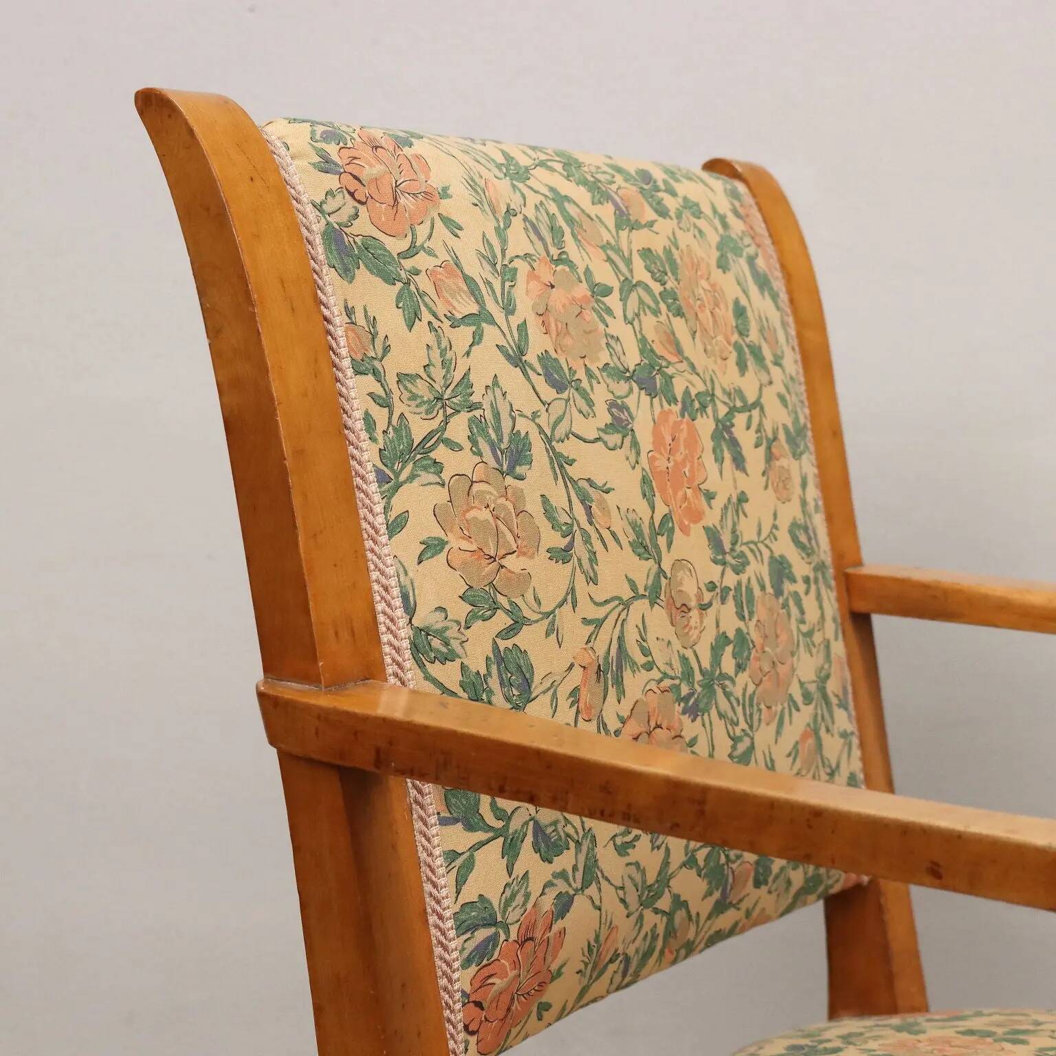 Pair of vintage armchairs from the 1950s in wood and fabric, Italy.