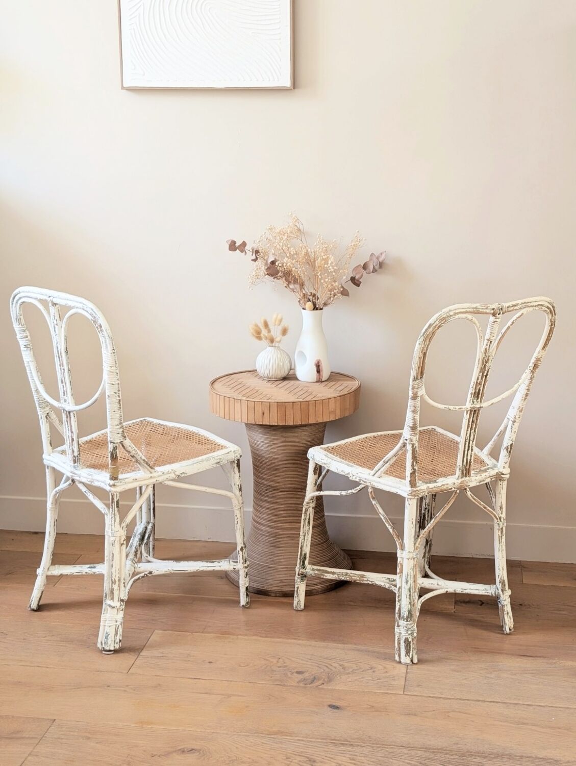 Pair of vintage restaurant chairs in rattan