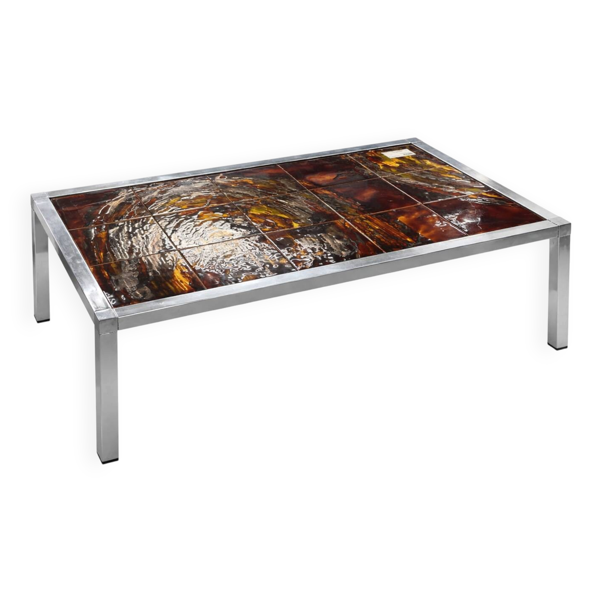 Vintage 1970s coffee table – chrome metal & enamelled tiles