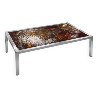 Table basse vintage années 70 – métal chromé & carreaux émaillés