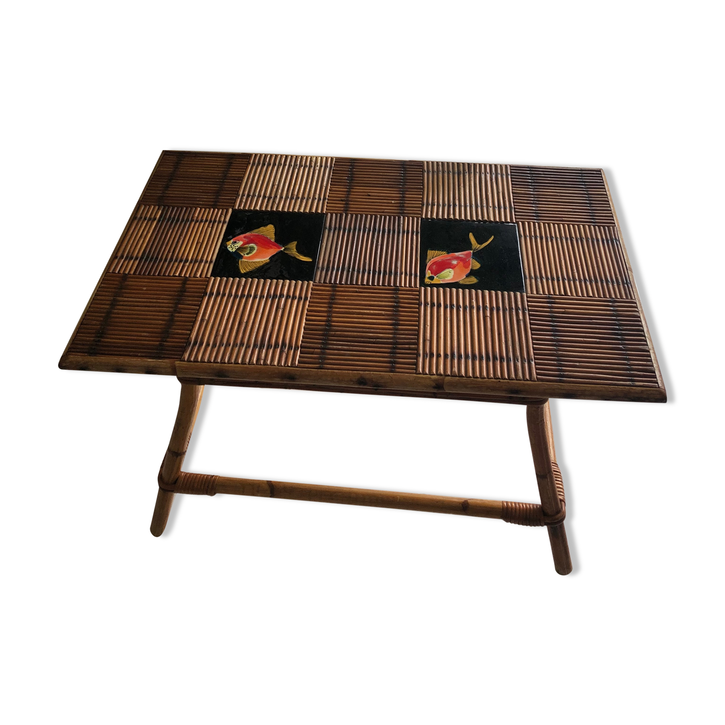 Table basse rotin et céramique 1960