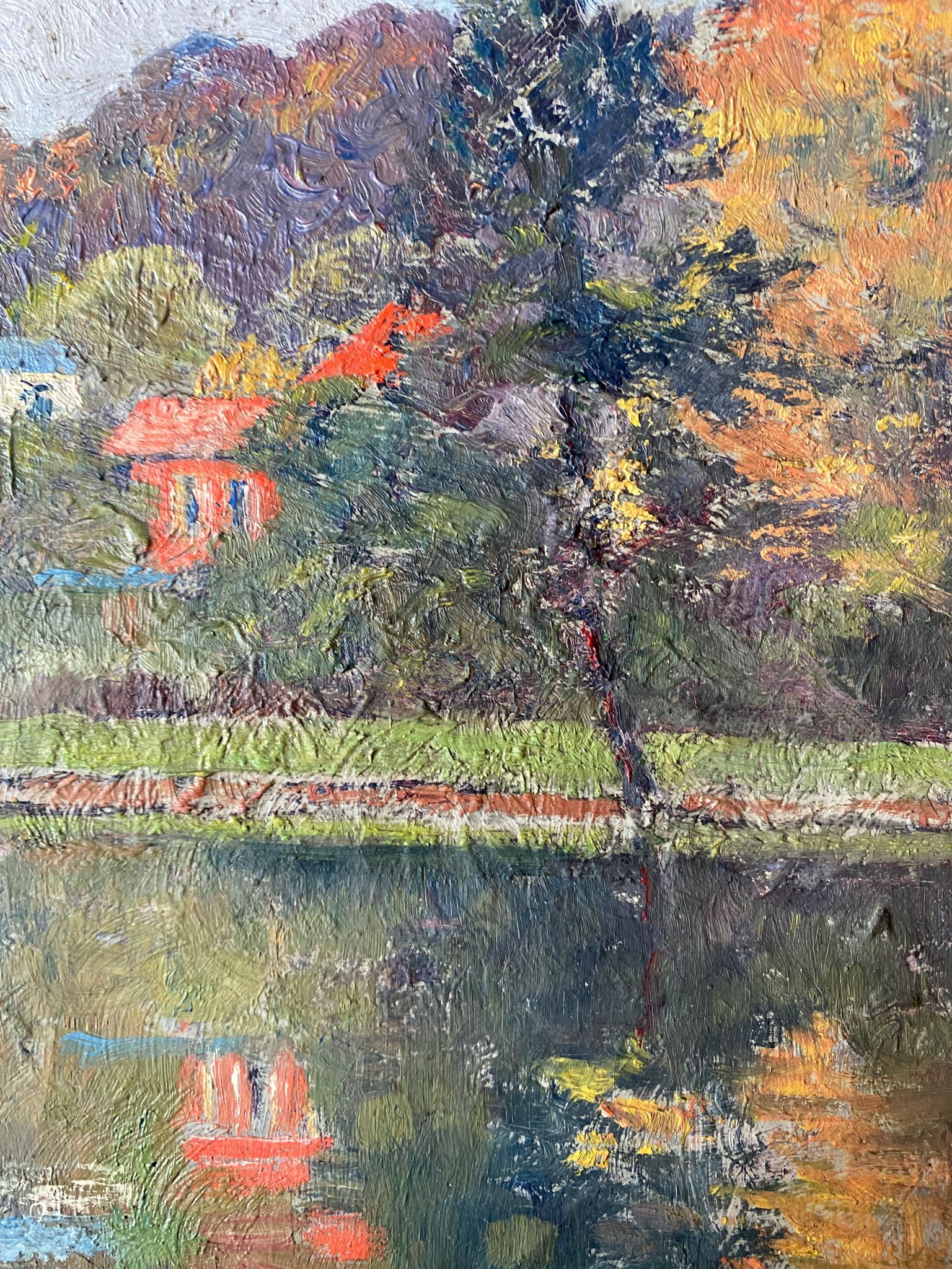 Tableau HST "Maison rouge en bord de rivière" signé C. Normand début XX°