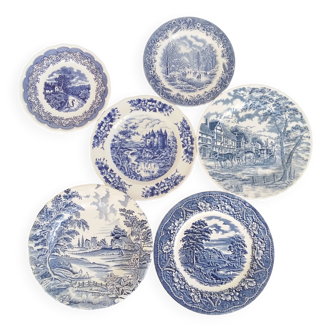 Six, mix and match, blue and white transferware plates.