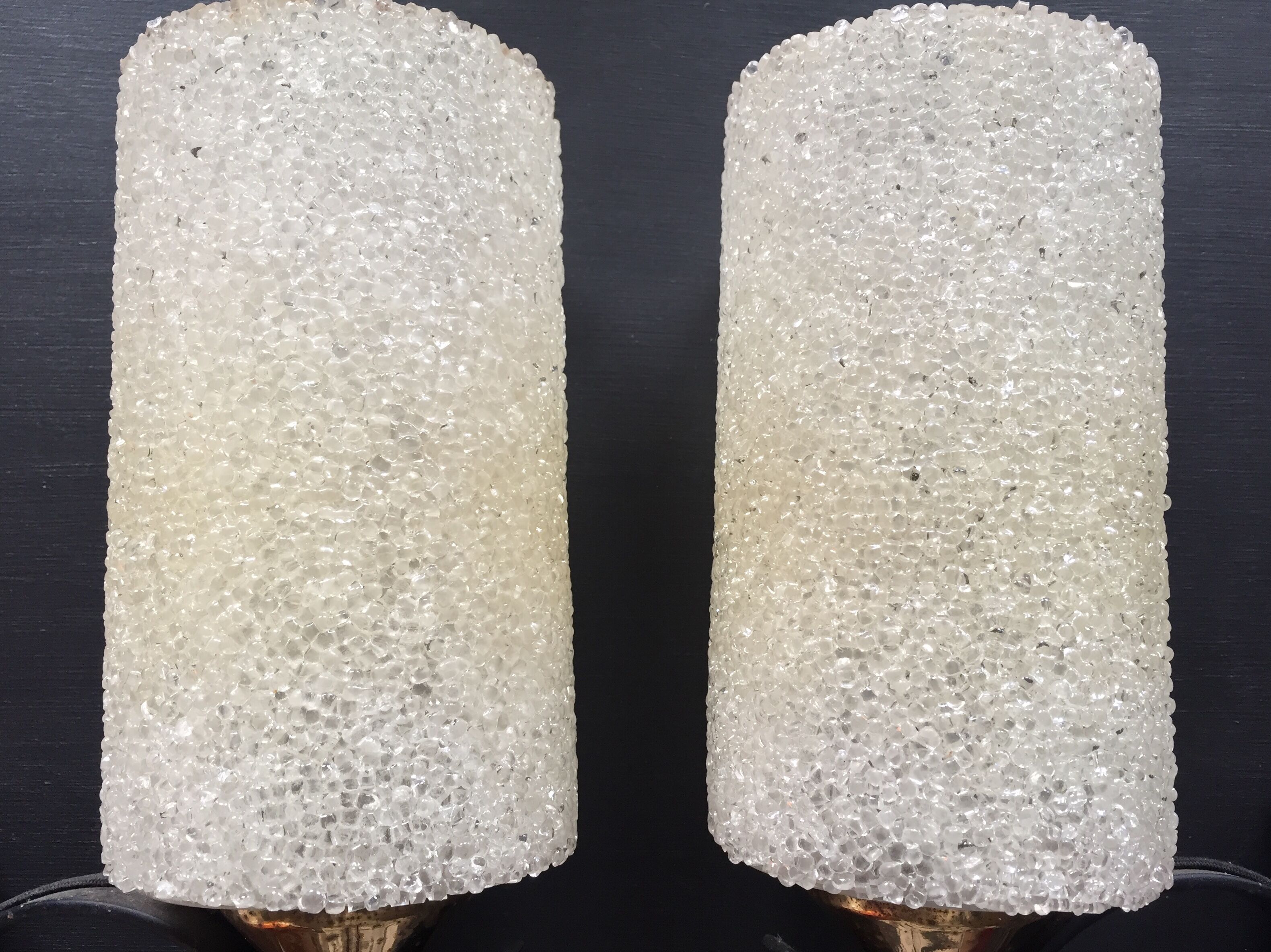 Pair of vintage wall lamps in pearl perspex and brass