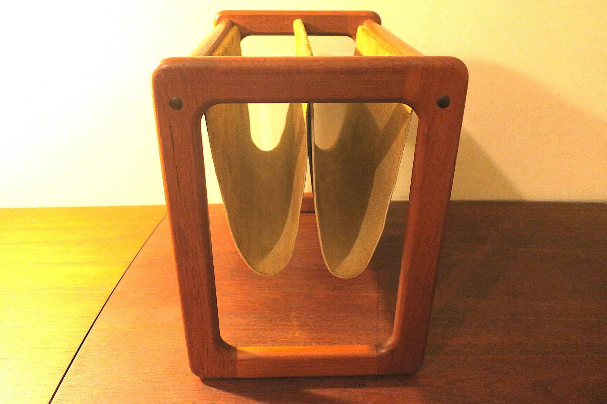 Magazinr rack in teak and suede leather by Aksel Kjersgaard, 1960s