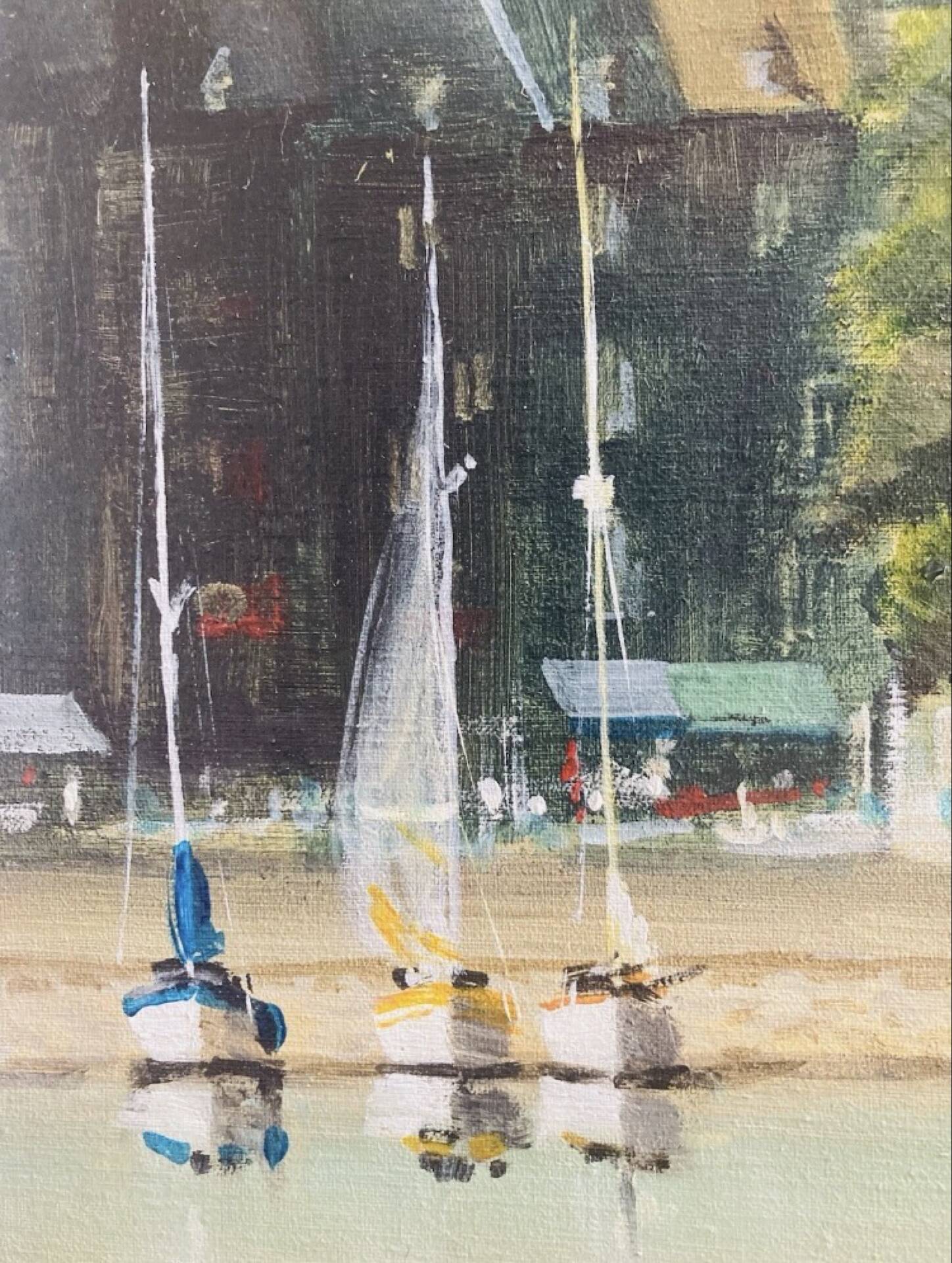 Oil painting on canvas of the old port of Honfleur signed Alain Huin.