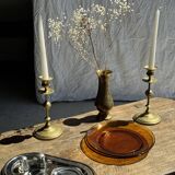 Pair of gilded candlesticks with engraved flower garland motifs H22