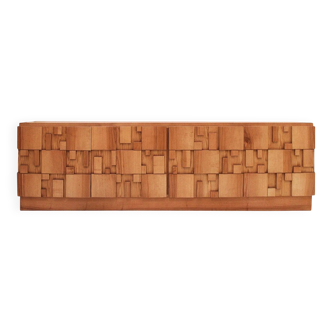 Brutalist Style Oak Handcarved Italian Large Sideboard