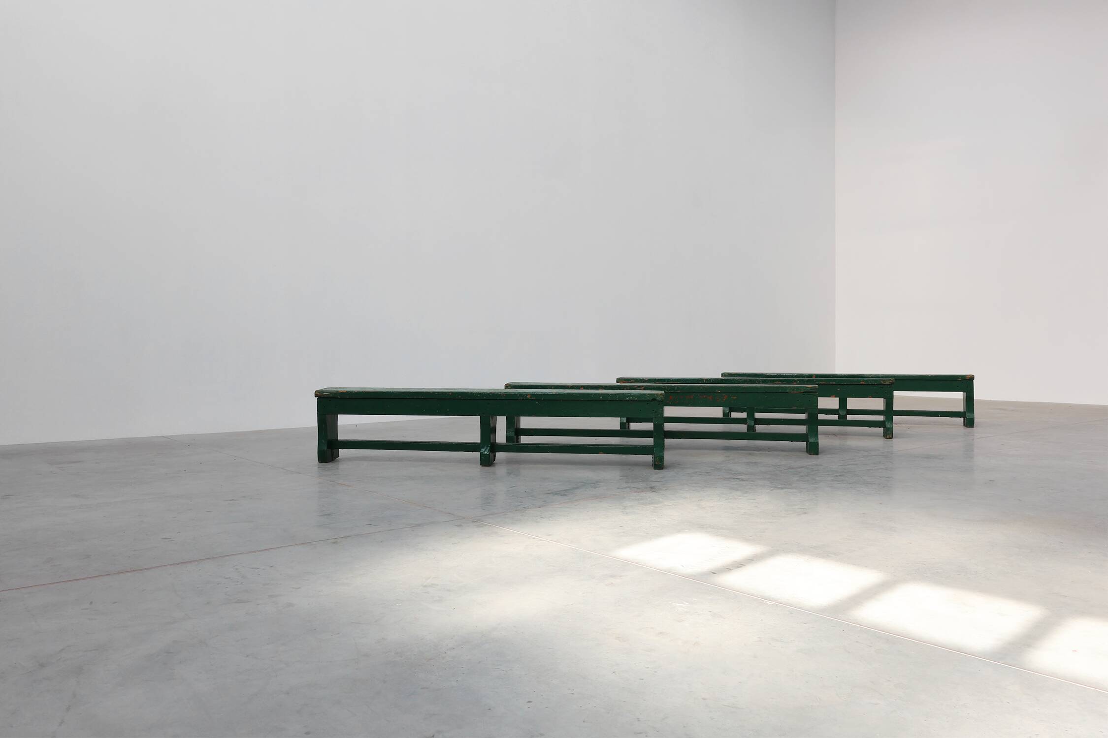 Rustic primitive green farmhouse bench in solid oak, France ca. 1900