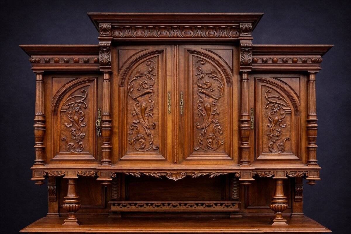 Very important Renaissance buffet with eight doors in solid walnut.