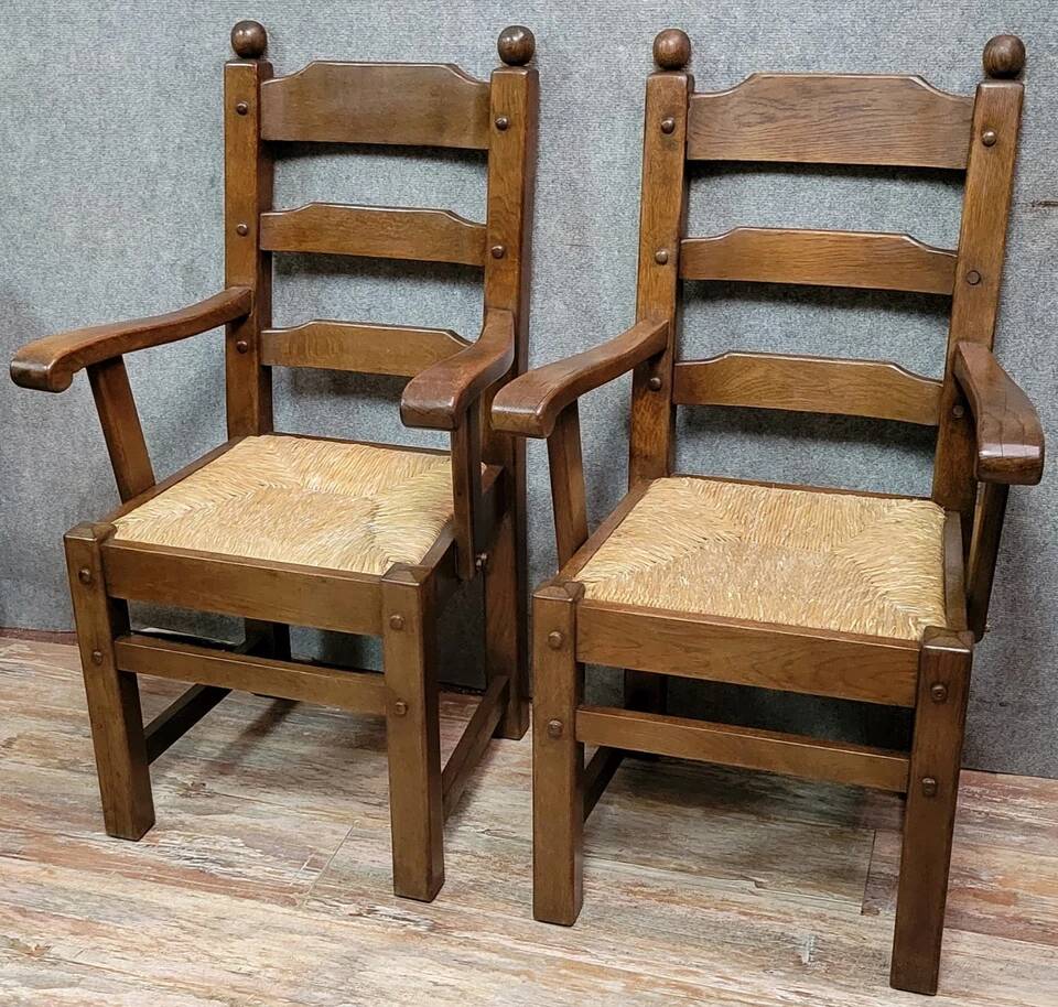 Pair of solid wood brutalist armchairs circa 1950