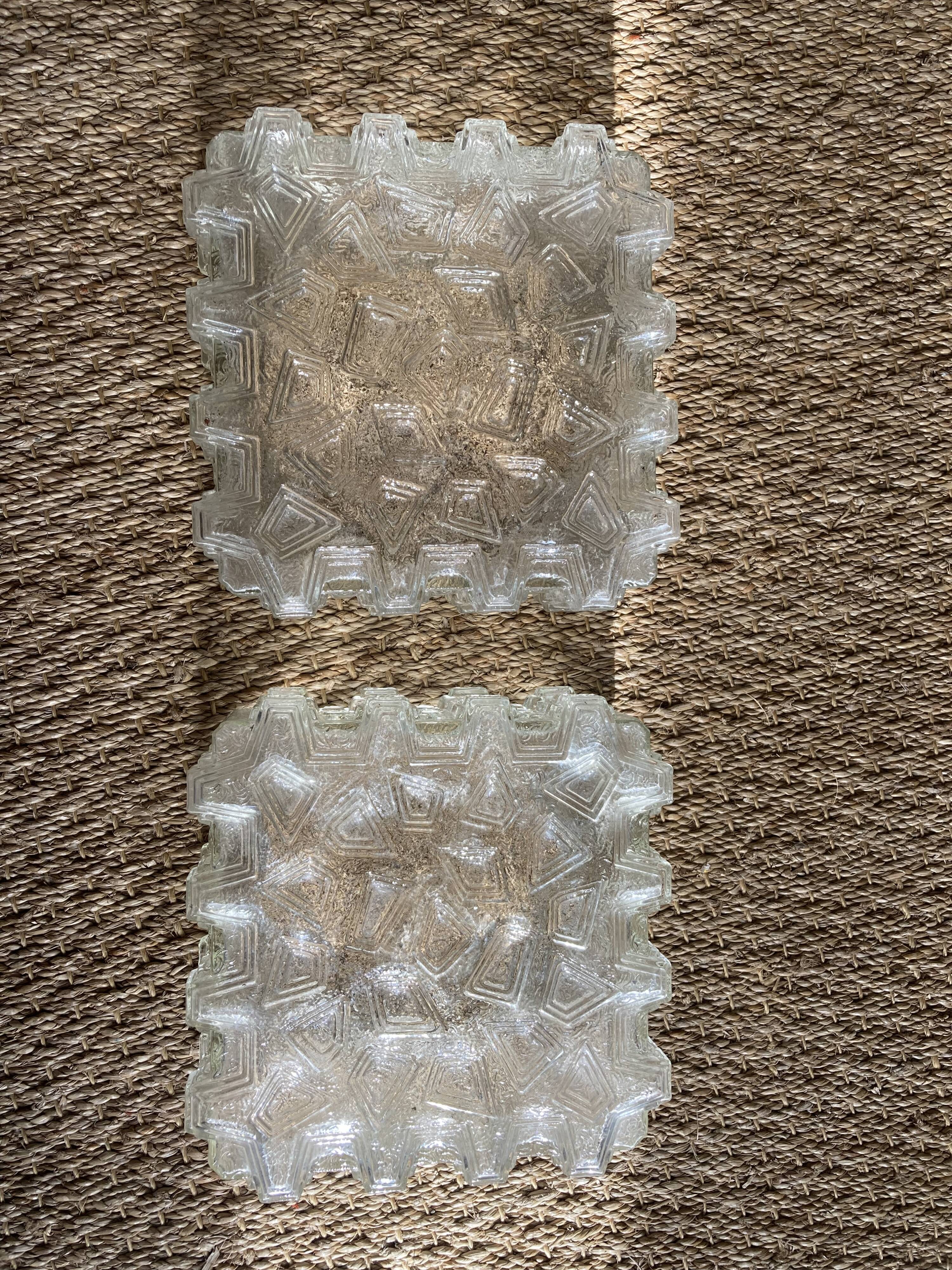 Pair of wall lamp or ceiling lamp in transparent vintage molded glass