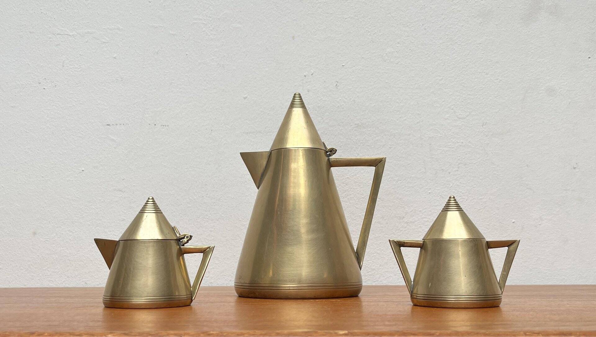 Metal Art Deco teapot, sugar bowl, milk jug, 1960s, set of 3