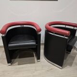 Pair of 80s designer leather and chrome metal armchairs