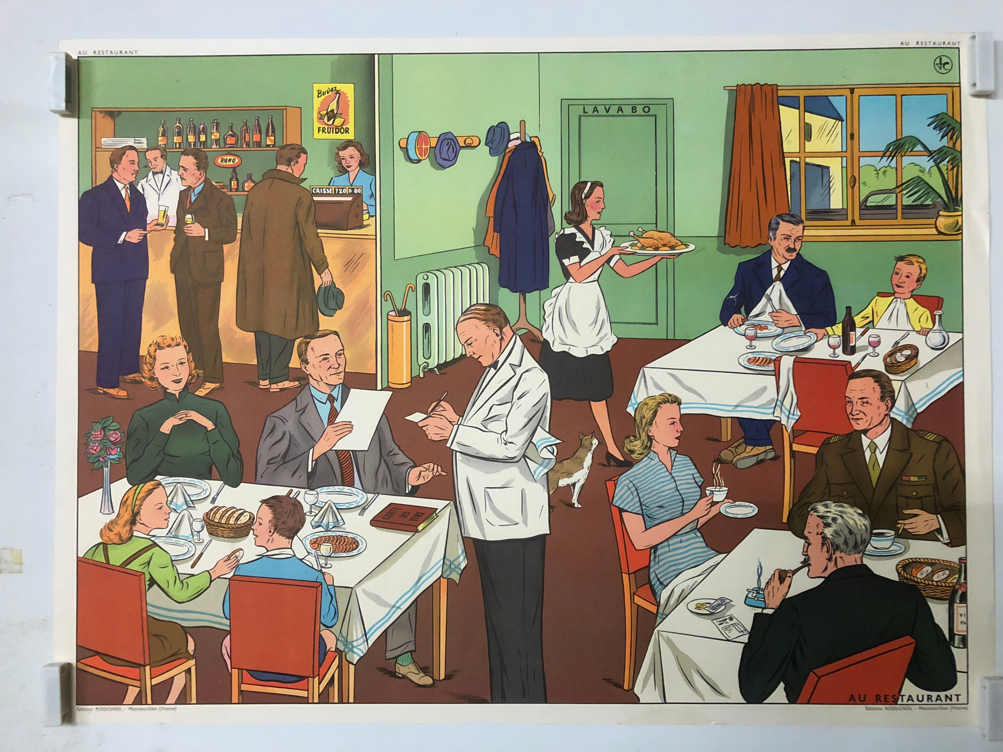 Vintage school poster of the restaurant and traffic