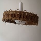 Scandinavian cylindrical pendant lamp with rattan dial and opaline in real and smoked glass