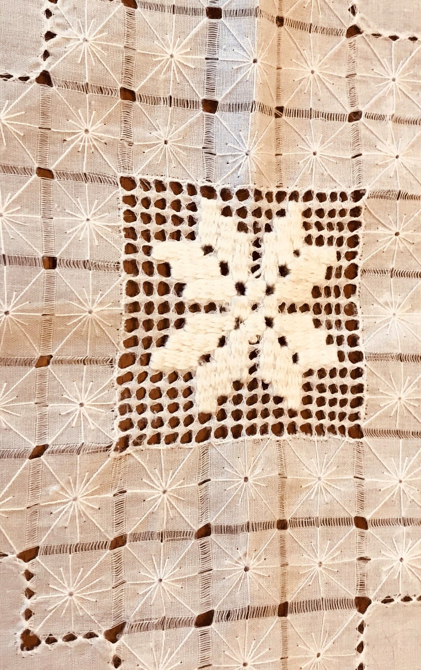 OLD TABLECLOTH WITH HAND EMBROIDERY--DAY SCALE WORKS IN V