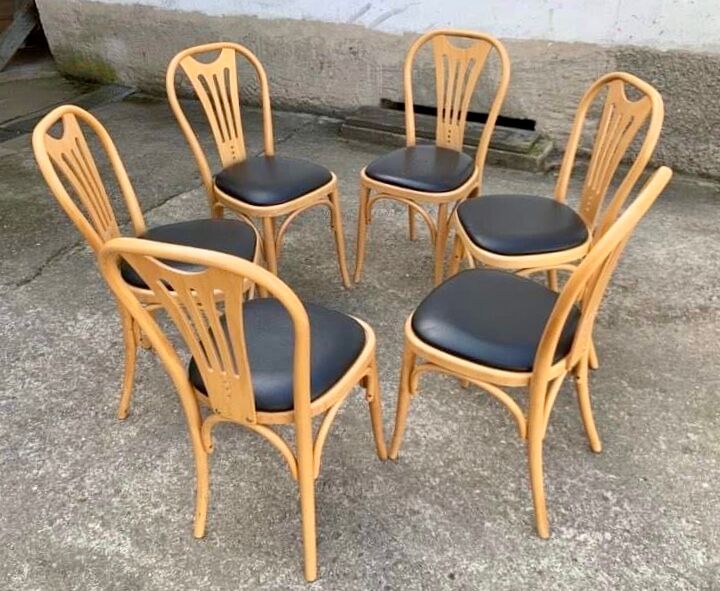 Series of 6 bistro chairs in curved wood seated skaï black