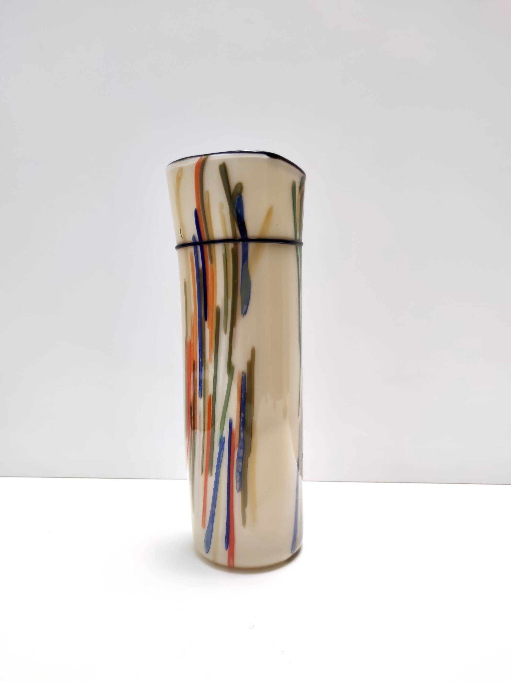 Beige Cylindric Encased and Hand-blown Opaline Glass Vase, Italy