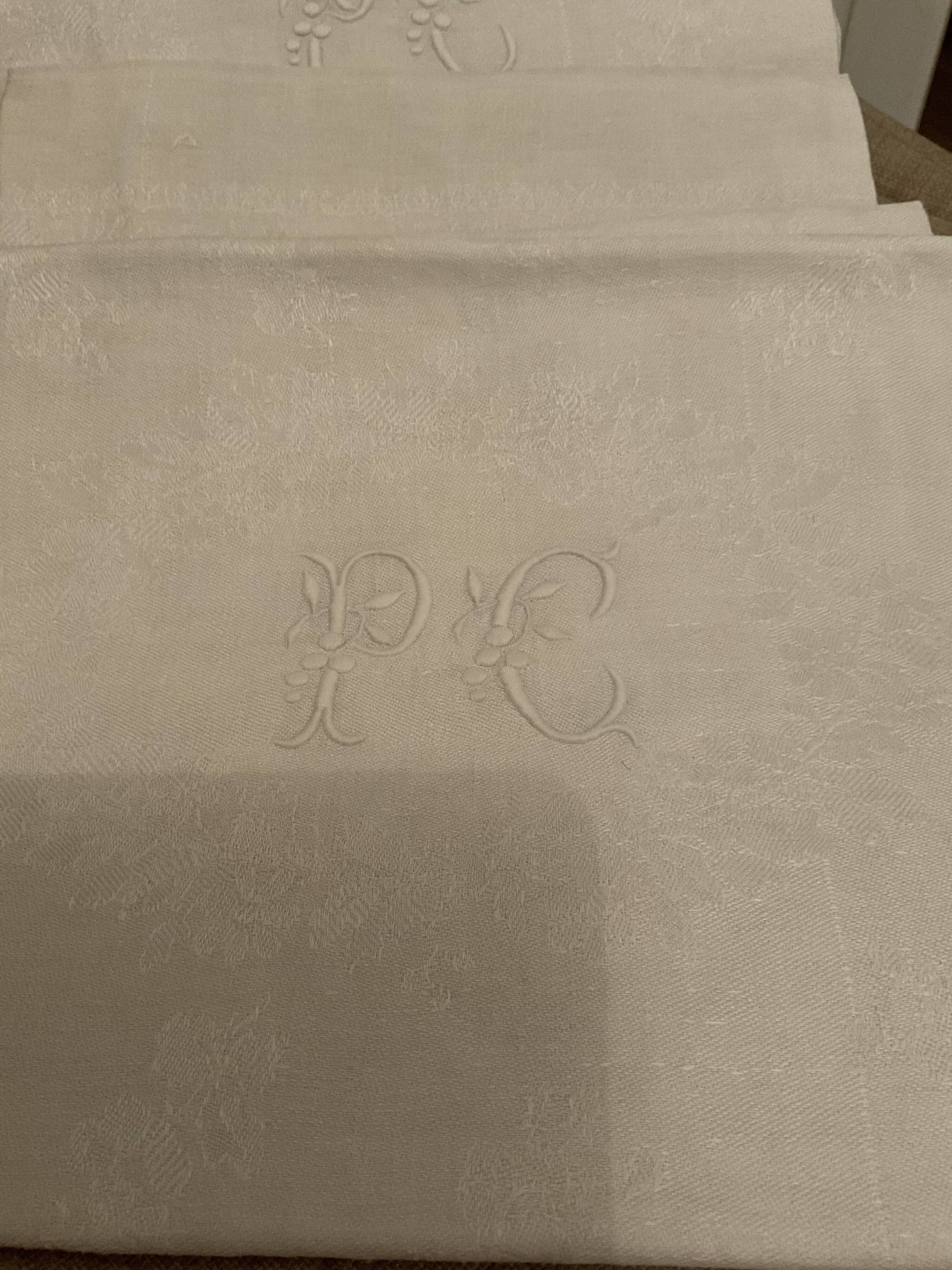 6 linen damask towels, monogram pc/pf/pb