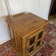 Small antique jam jar in solid oak and yellow glass
