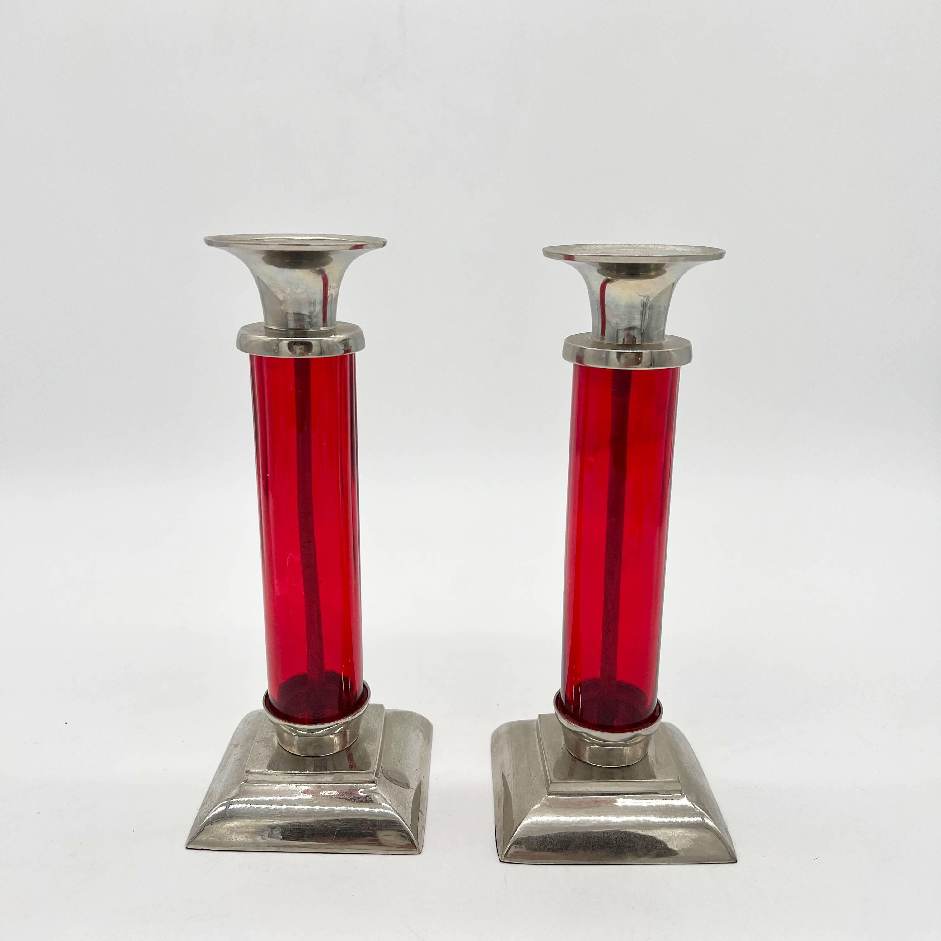 Pair of post-Bauhaus red candlesticks, 1930–50