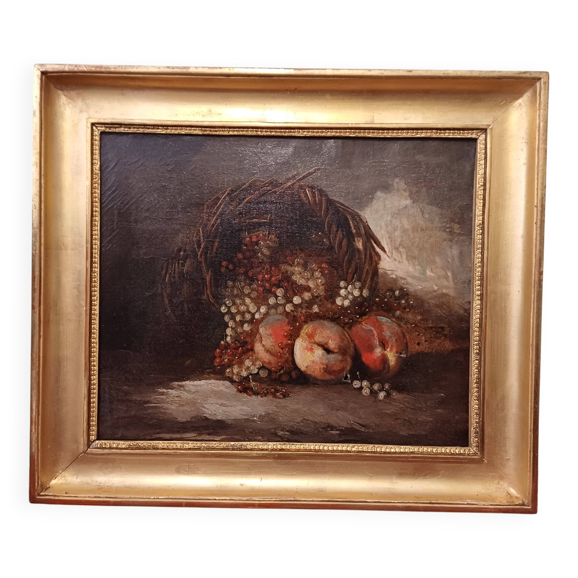 Hst painting still life basket of overturned fruit 19th - 20th century