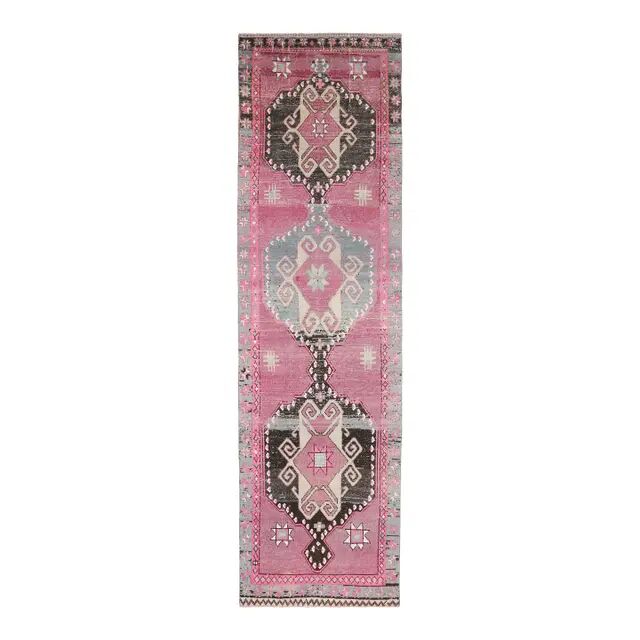 1970s Turkish Hand-Knotted Wool Cotton Purple Runner Rug 102x373