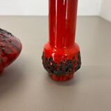 Set of 3 Red Black Ceramic Studio Pottery Vase Objects Otto Keramik Germany 1970