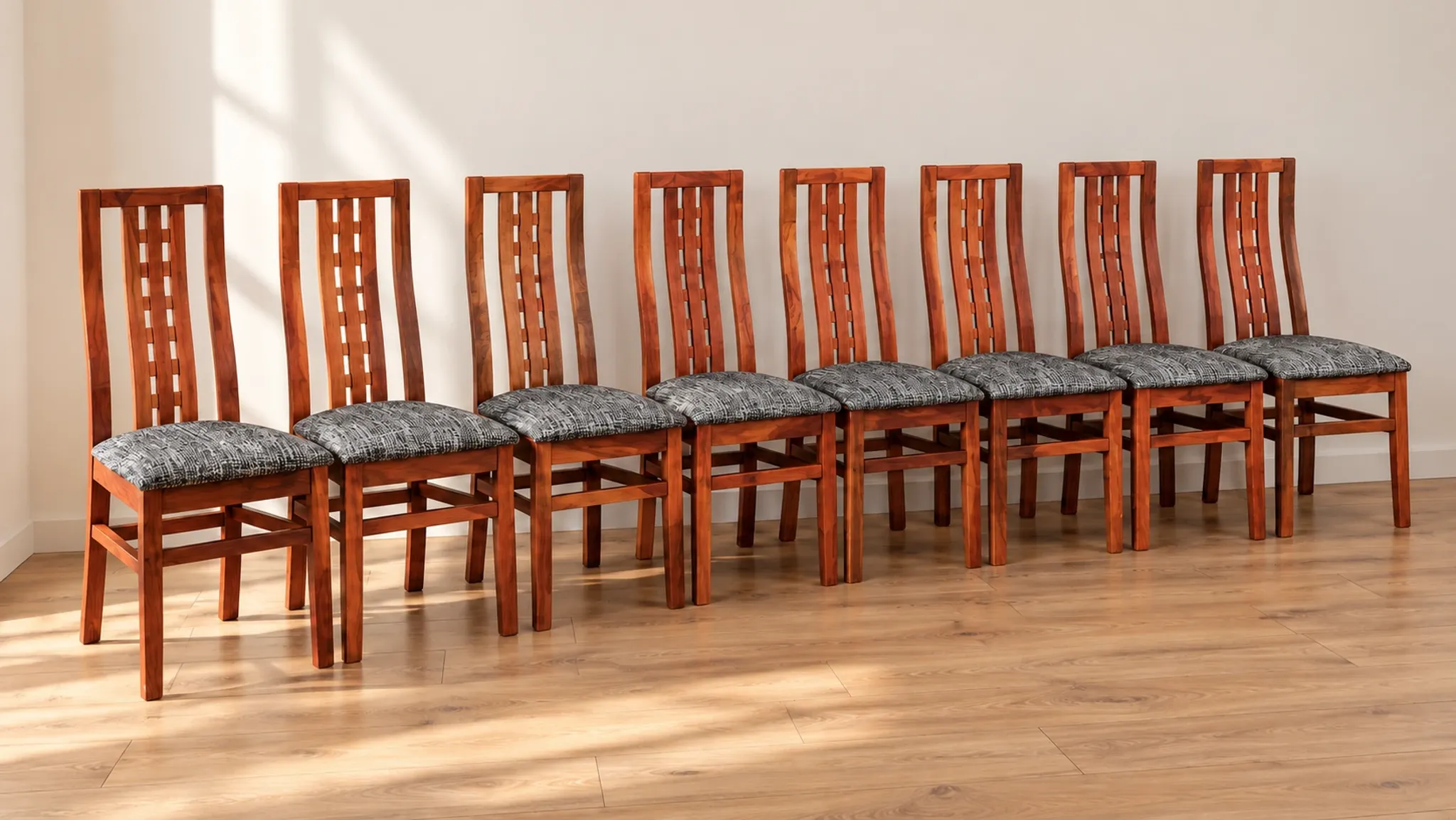 Set of 8 Vintage Teak Chairs in Mackintosh Style - Black and White Zebra Fabric