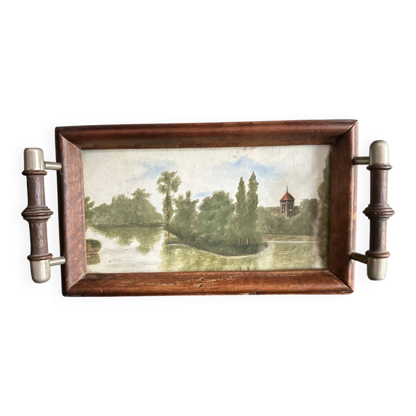 Plateau miniature ancien, peinture à l’huile, bois tourné et laiton — Beyit