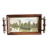 Plateau miniature ancien, peinture à l’huile, bois tourné et laiton