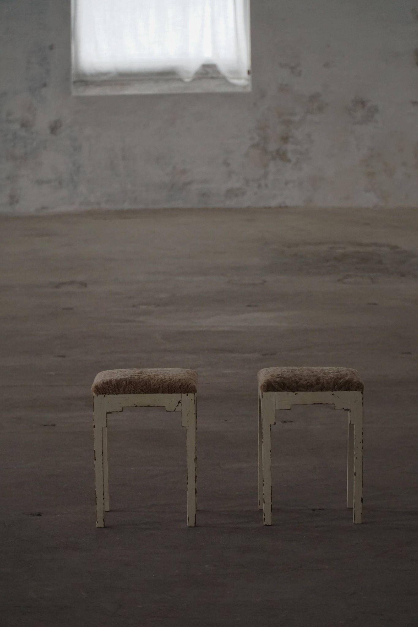 A pair of antique Danish stools, seats in lambswool, late 19th century.