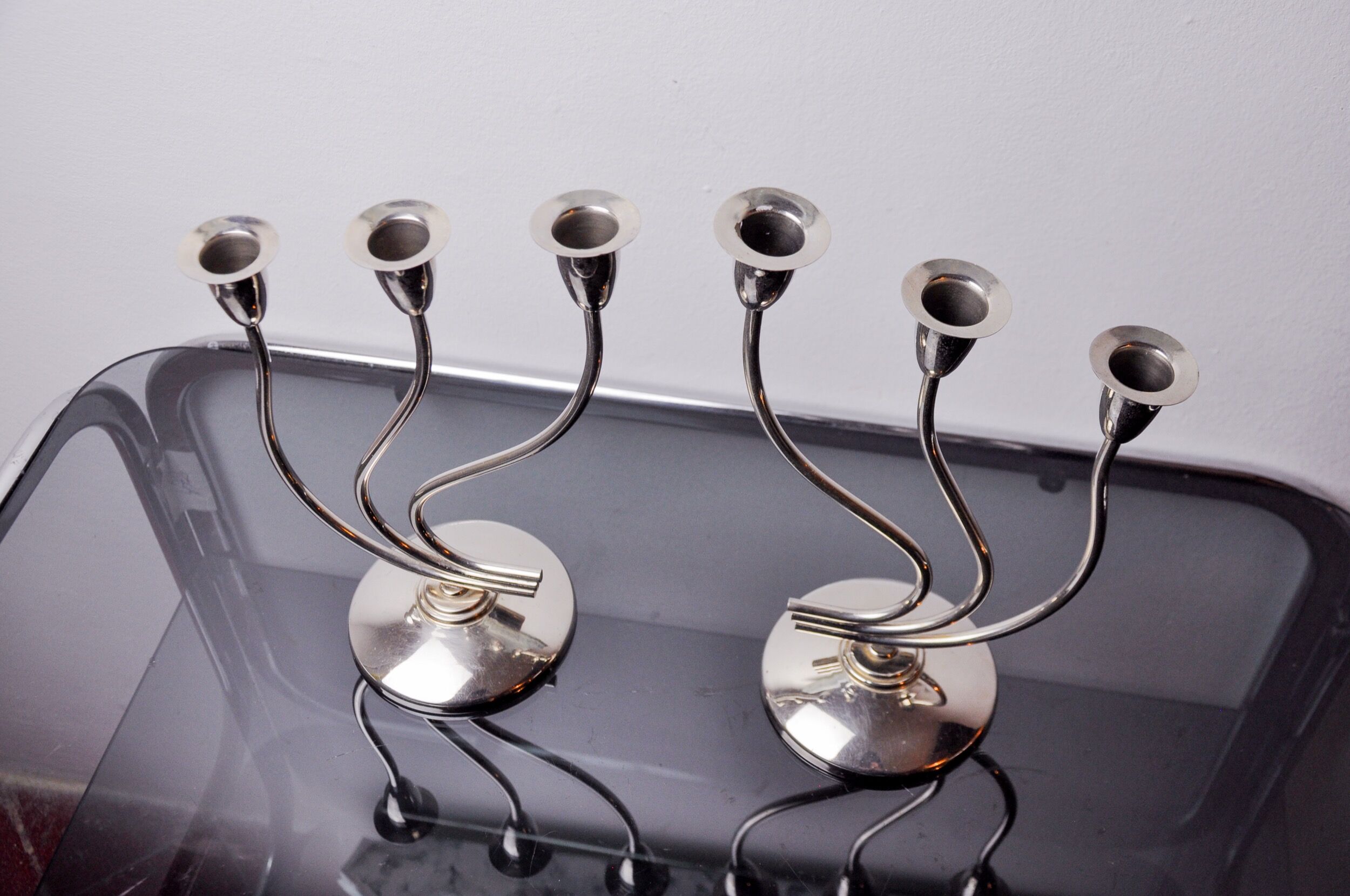 Pair of art deco candlesticks in stainless steel 3 flames, Spain, 1970