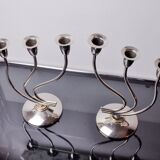 Pair of art deco candlesticks in stainless steel 3 flames, Spain, 1970