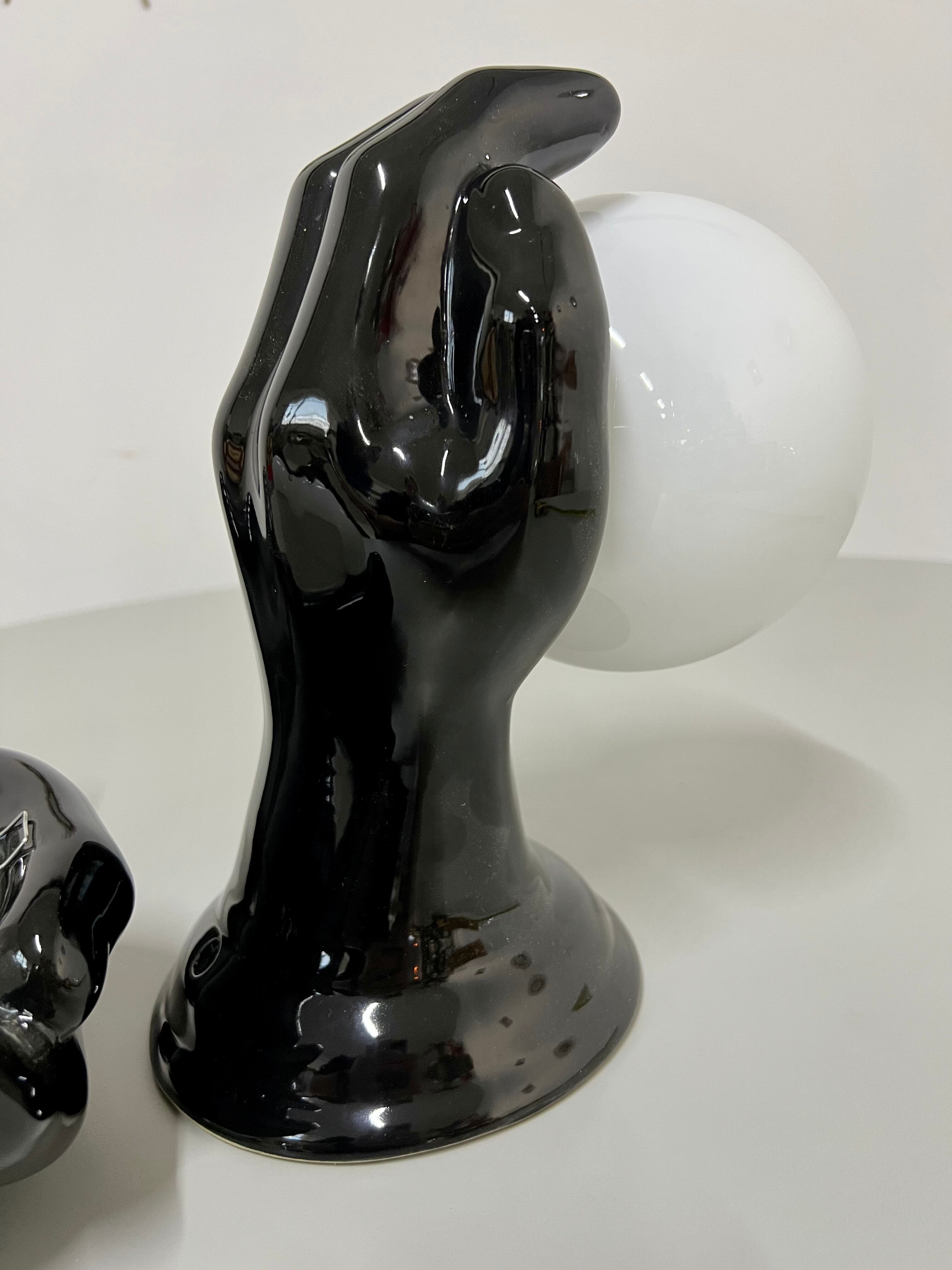 2 black ceramic hand lamps from the 70s / vintage and opaline lamp