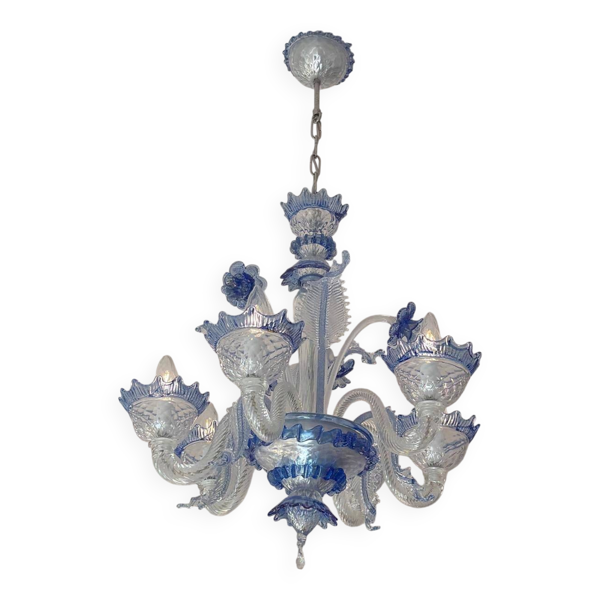 Venetian chandelier in blue Murano glass and crystal, 6 arms