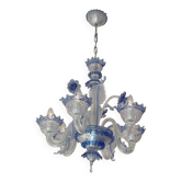 Lustre vénitien 6 bras en verre de Murano bleu et cristal