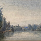 Watercolor painting 1872 "Riverside with fisherman" signed to decipher