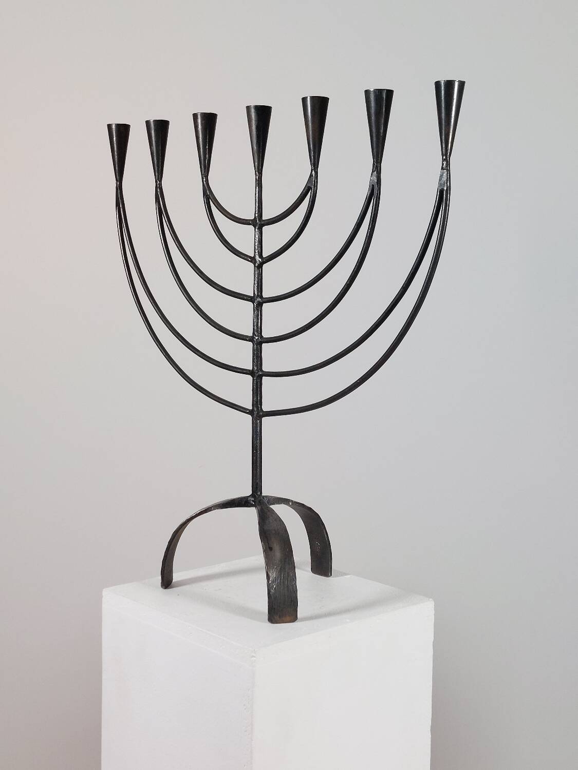 Vintage Swedish Menorah candle holder, hand-forged, in brutalist style.