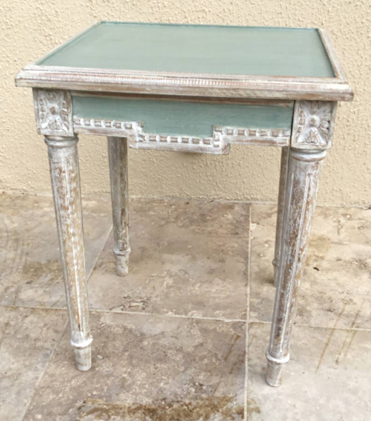 Louis XV style carved and patinated wooden side table. One drawer in the belt.