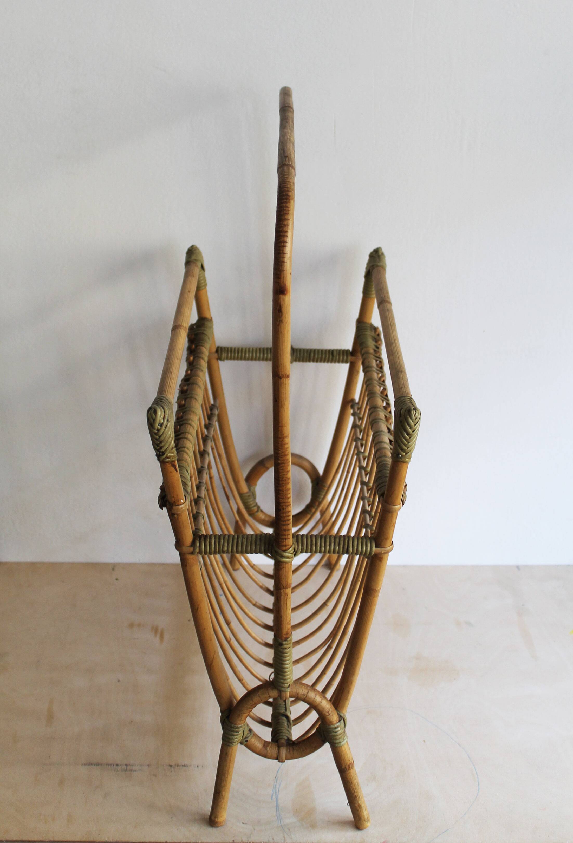 1960s Czechoslovak Rattan Magazine Rack with Tall Handle