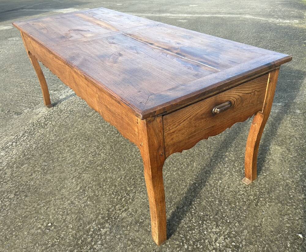 Solid oak farmhouse table, one drawer, vintage, early 20th century.