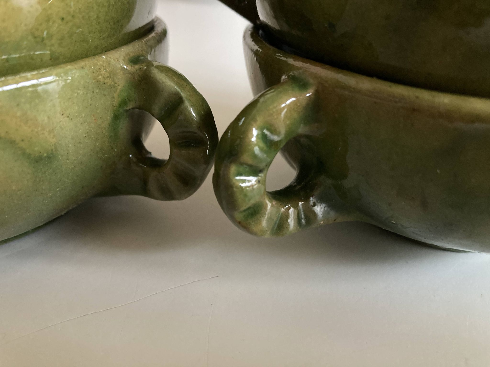 4 green glazed earthenware bowls with handles from Biot, 1960