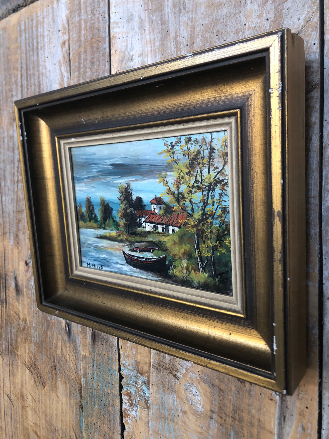 Oil painting on panel M. NIAVEL View house by river + gilded frame #A214