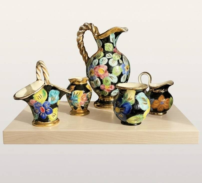 Large vintage ceramic jug from Vallauris, floral decoration and gilding.