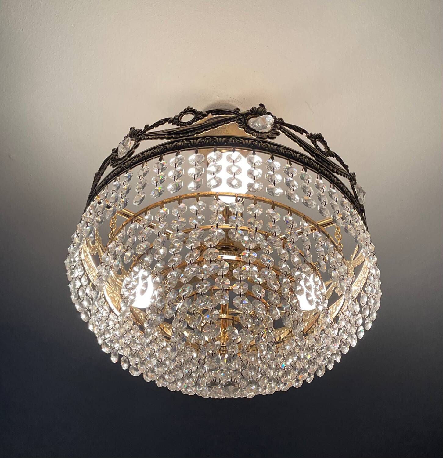 Vintage chandelier cascade of crystal and brass tassels