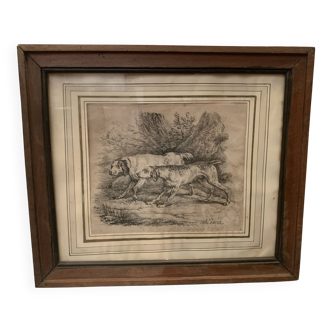 Framed engraving with decoration of two dogs at the stop XIX century