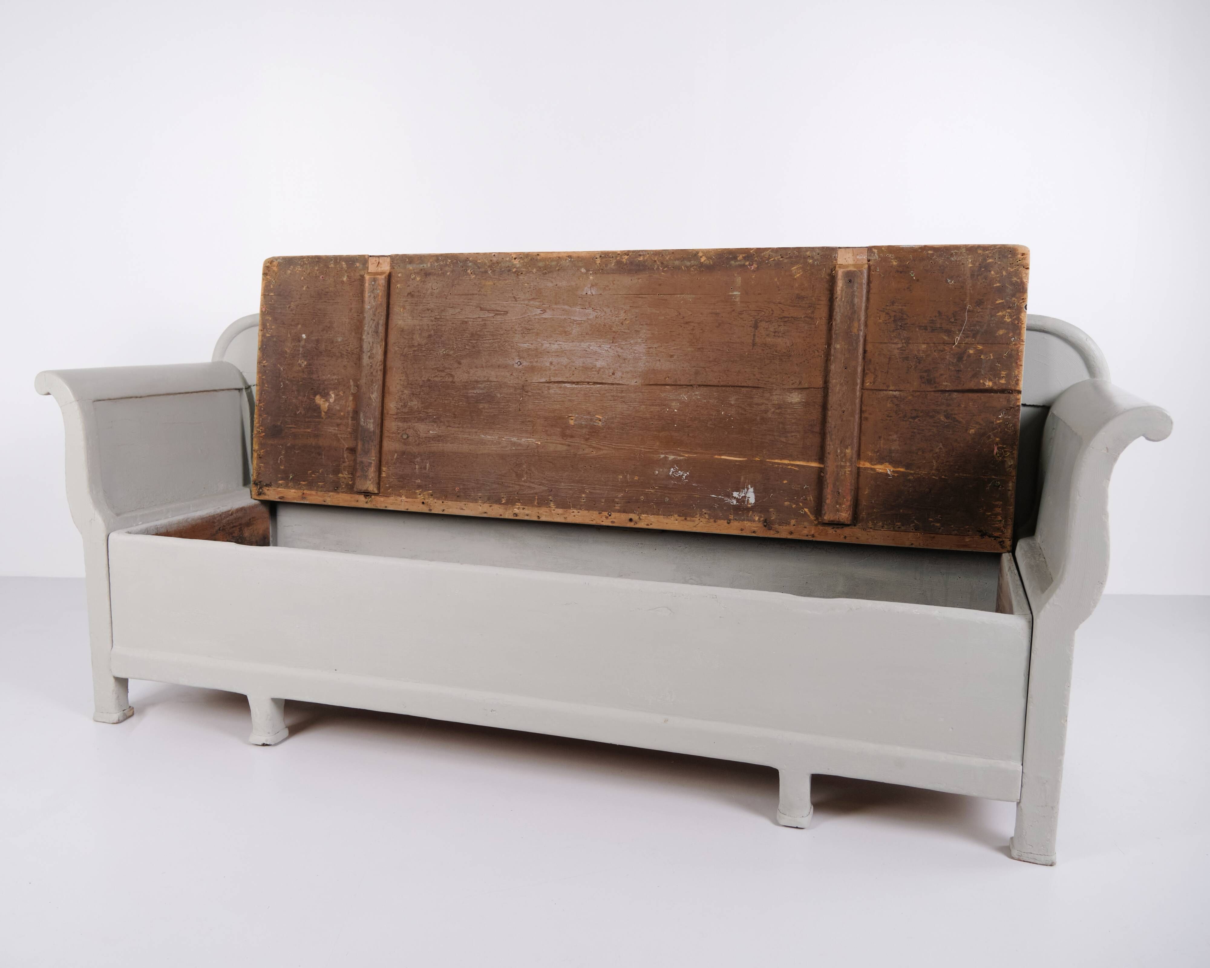 Antique storage bench – grey painted – pine wood – 1890s