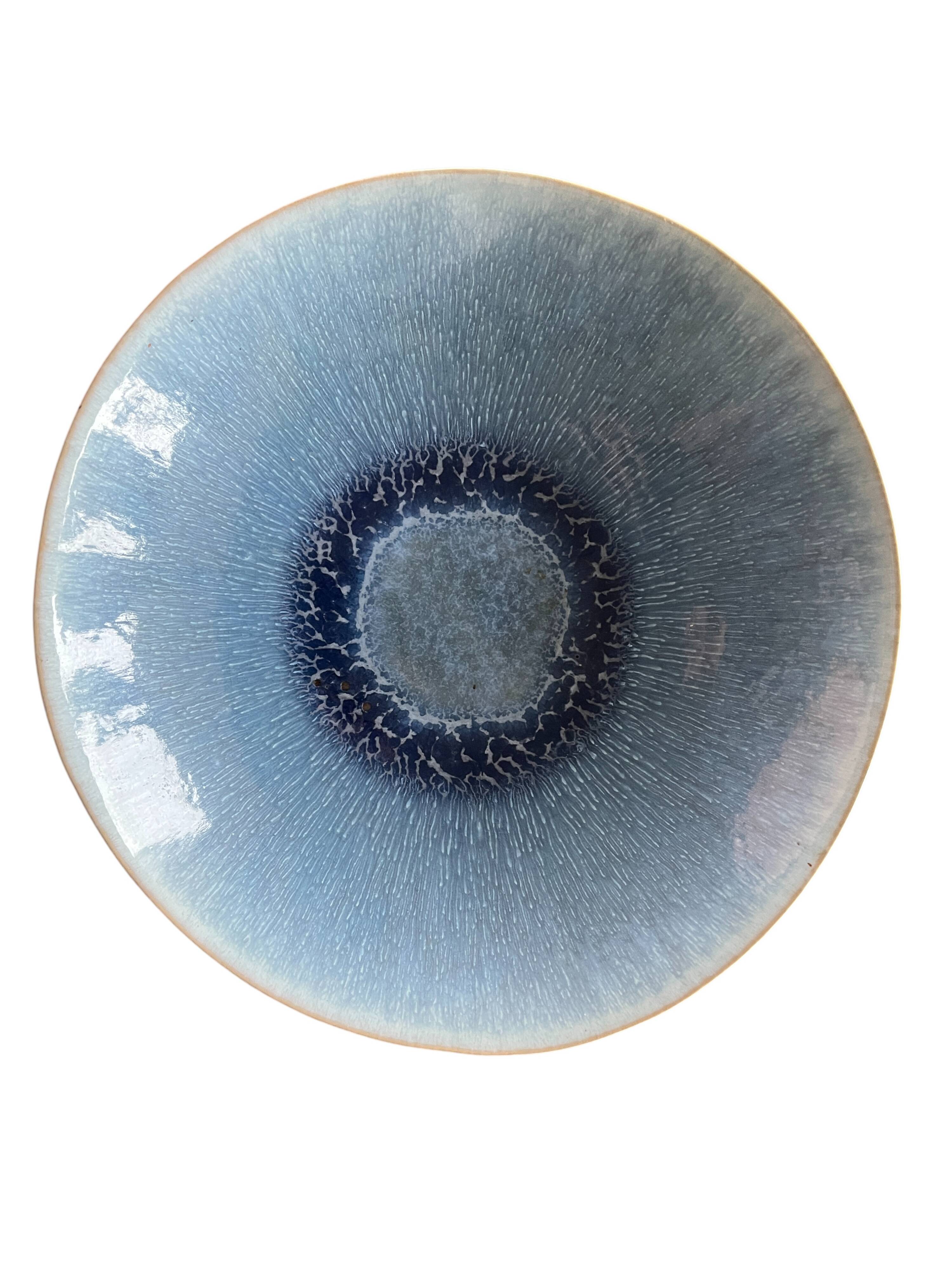 Large blue artisanal ceramic shallow dish from the 20th century.